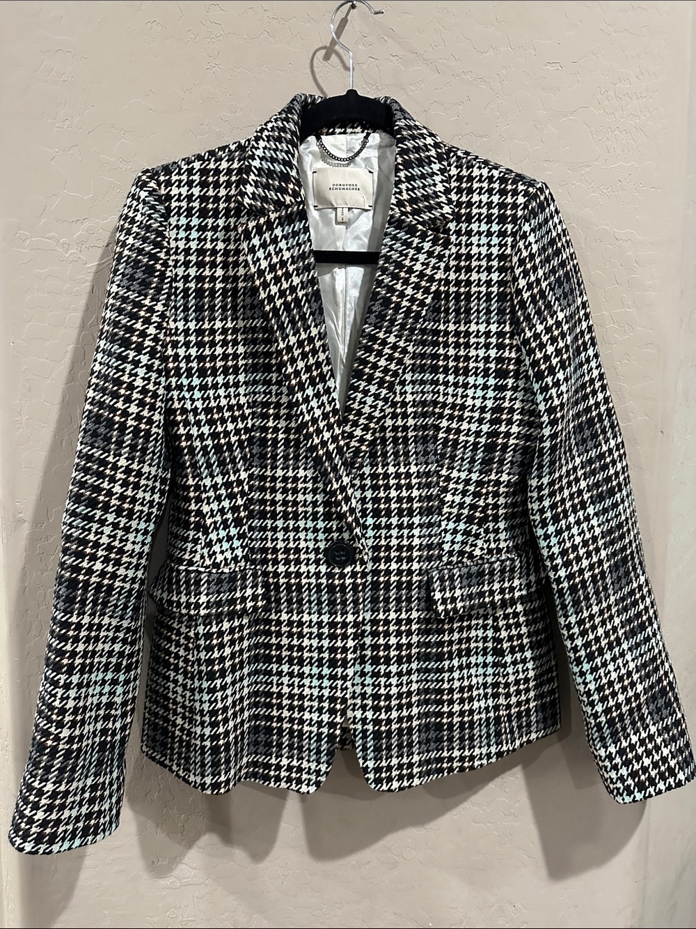 Houndstooth Single-Button Blazer Jacket - Black & White
